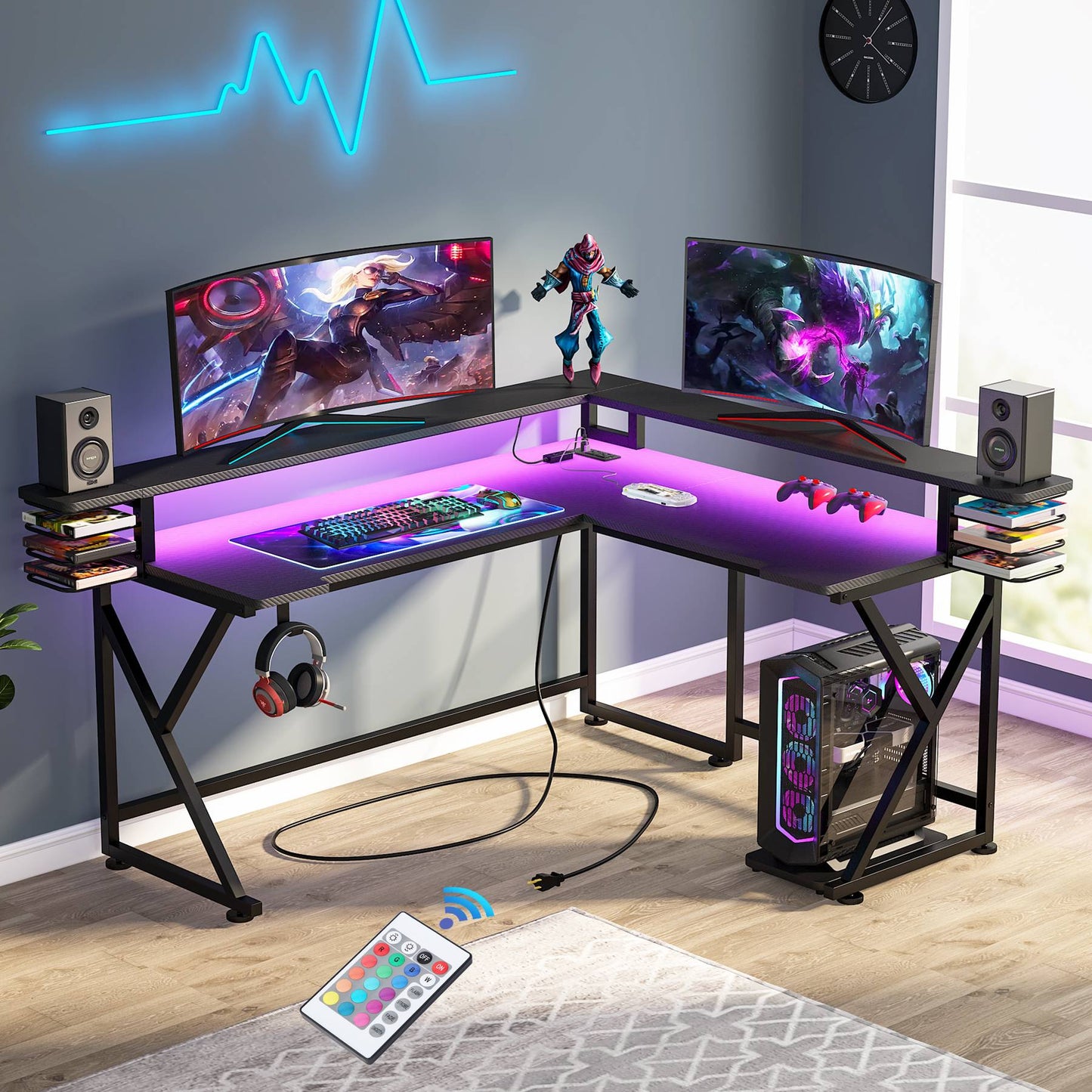 L-Shaped Gaming Desk, Computer Desk with Led Lights & Monitor Stand