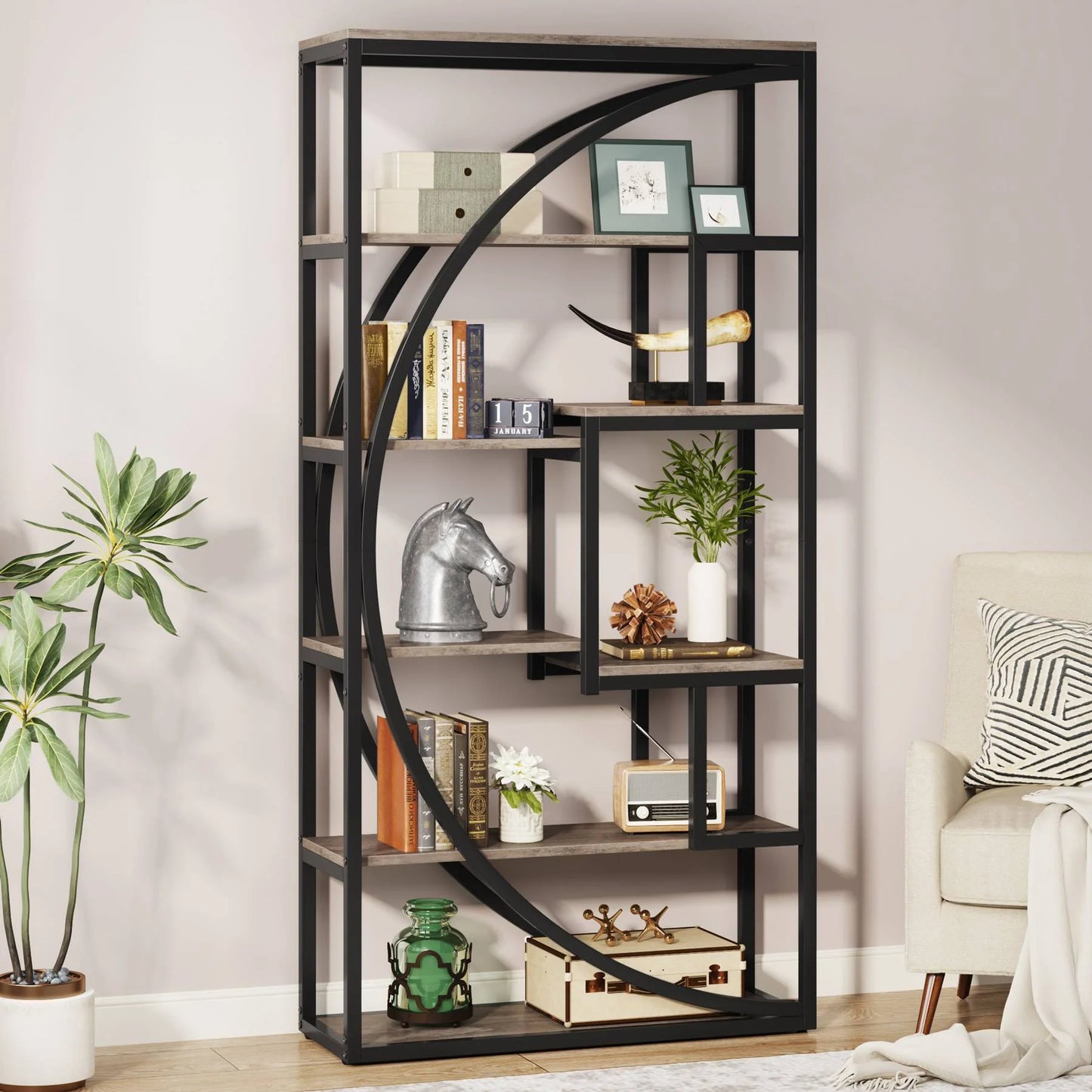 Bookshelf, Industrial Bookcase with 8 Open Storage Shelf