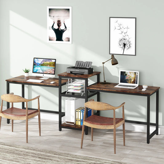 96.9" Two Person Desk, Double Computer Desk with Storage Shelves