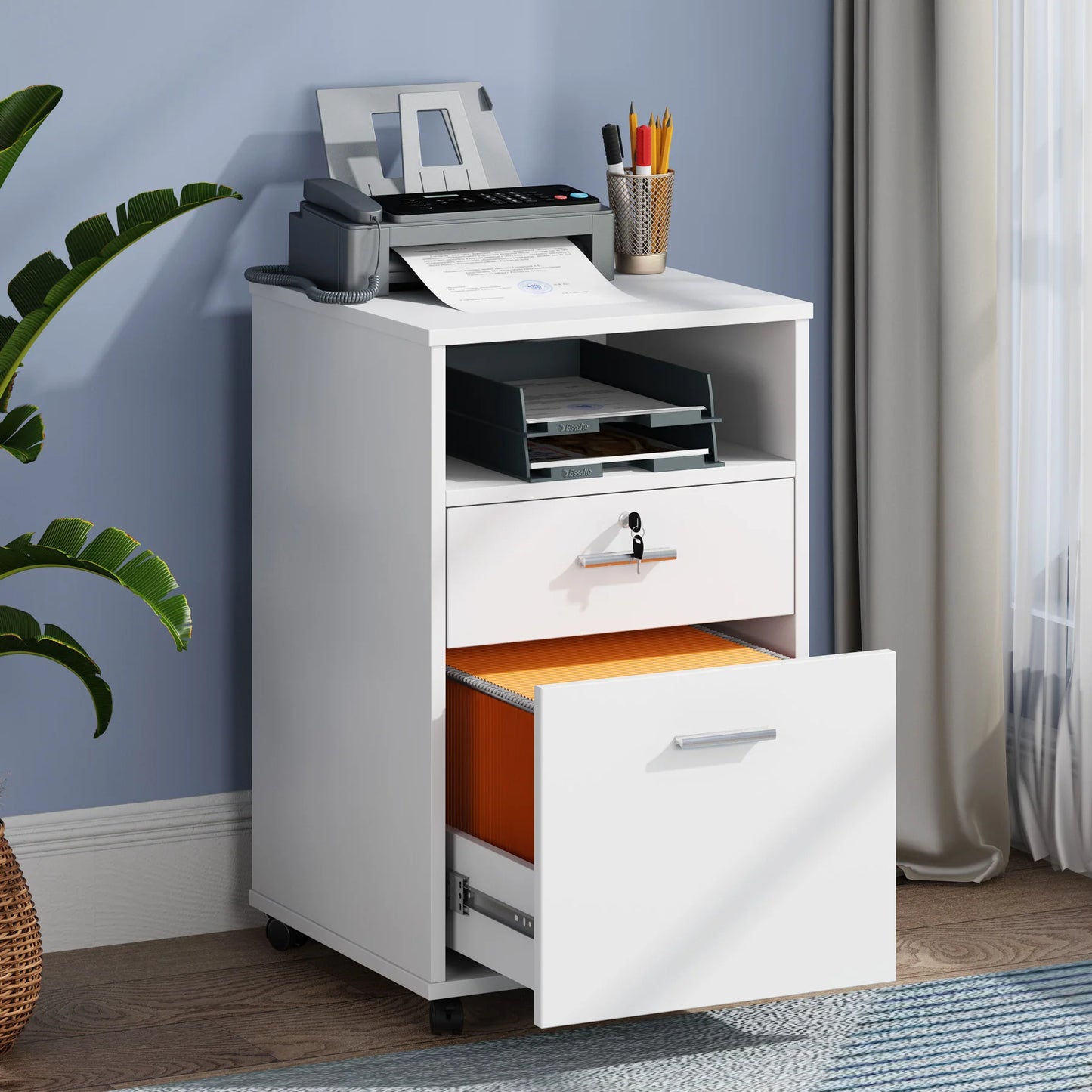 File Cabinet, 2-Drawer Mobile Printer Stand with Lock