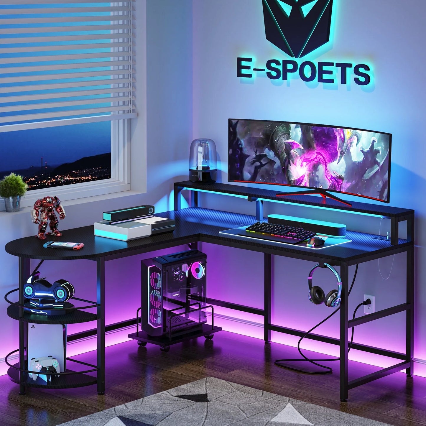 L-Shaped Gaming Desk, 55" Computer Desk with LED Strip & Shelves