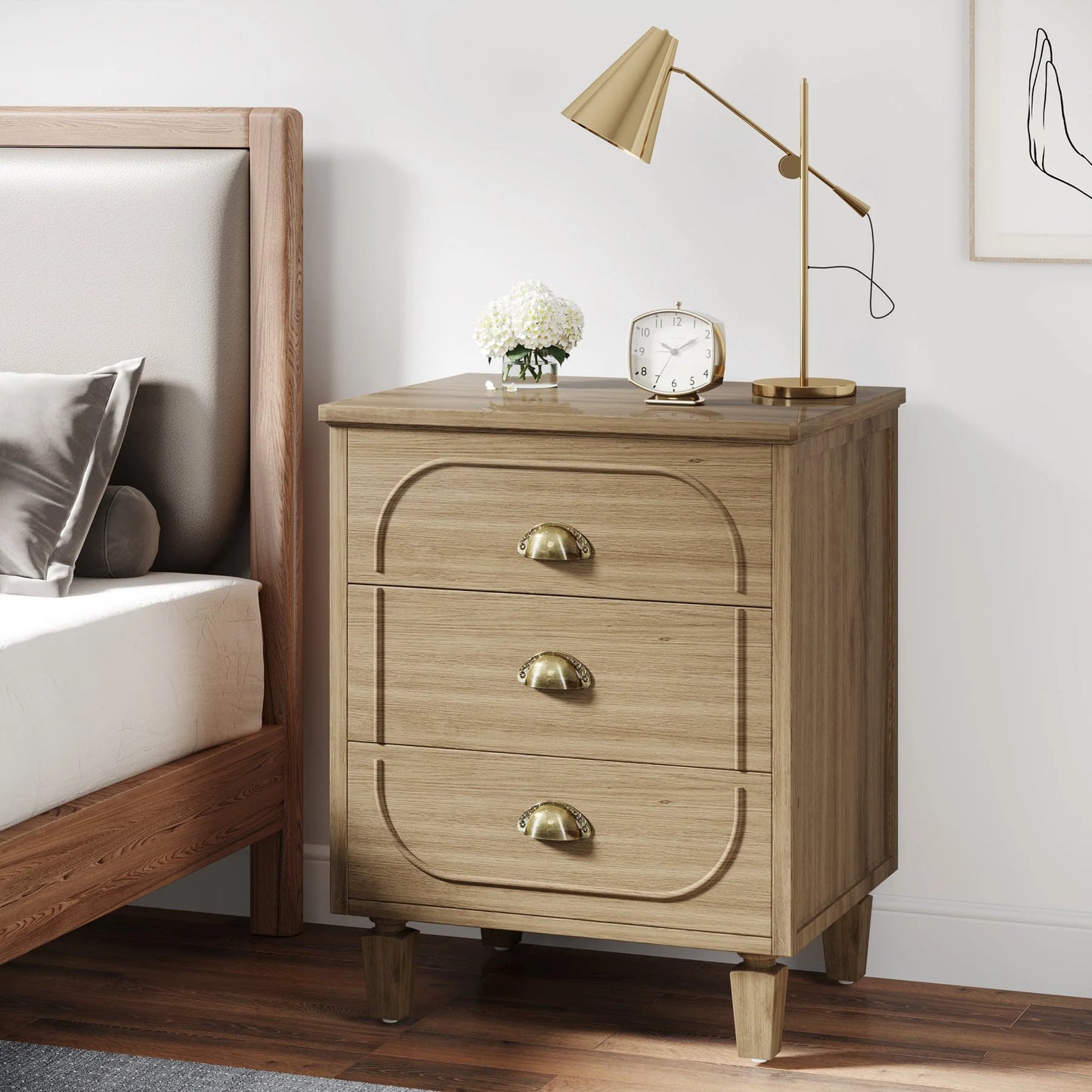 3-Drawer Nightstand, Wood Bed Side Table with Solid Wood Legs