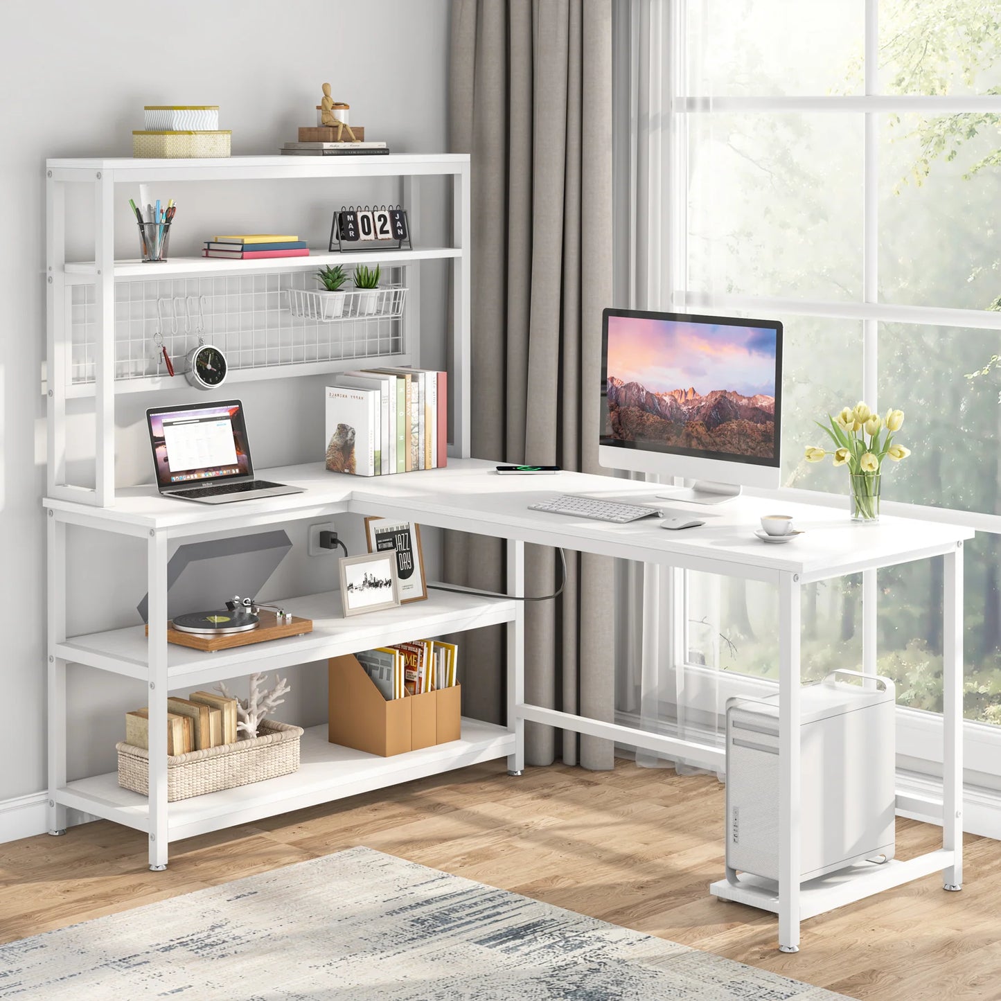 55" Reversible L-Shaped Desk with Wireless Charging & Shelves