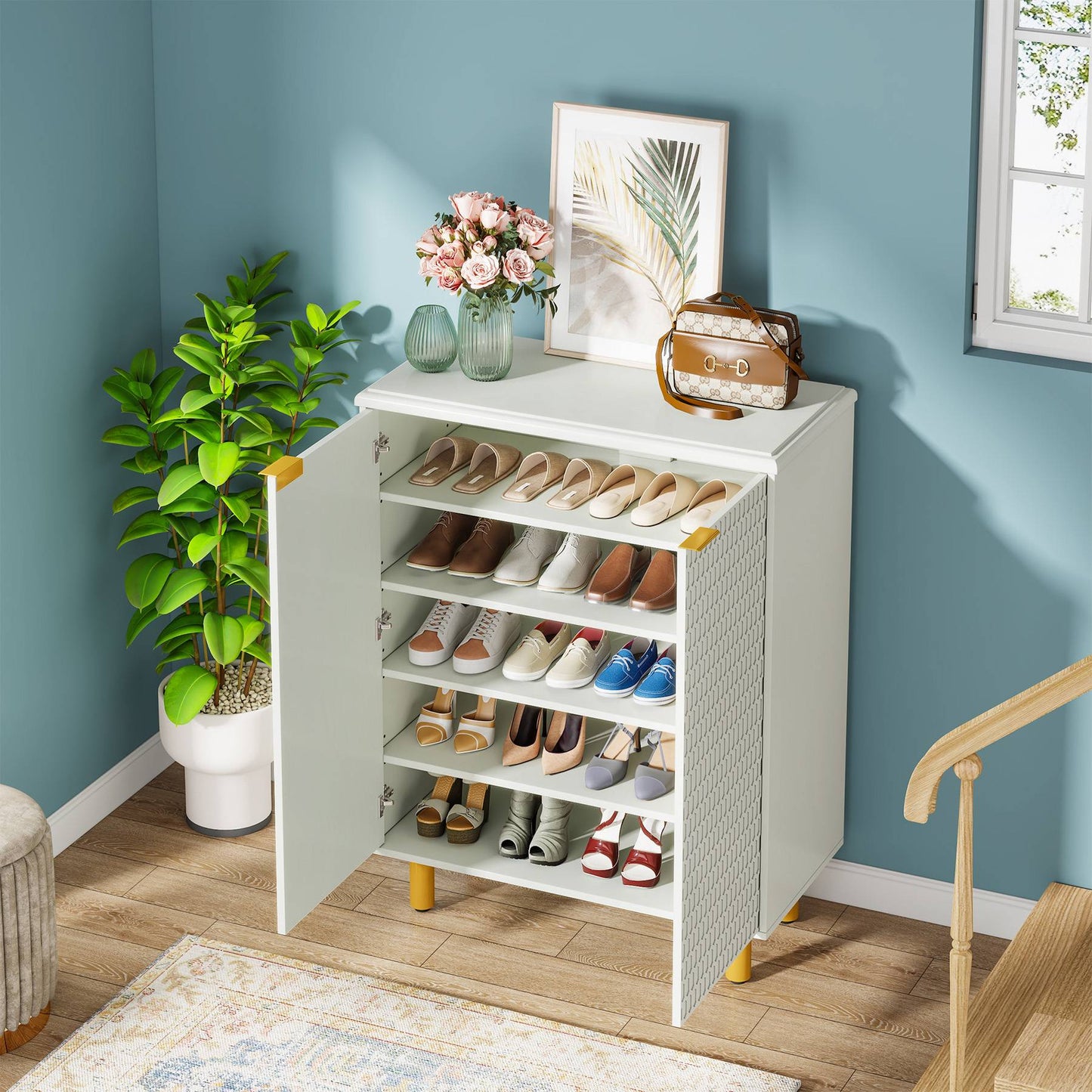 Shoe Cabinet, White Entryway Shoe Storage with Adjustable Shelves