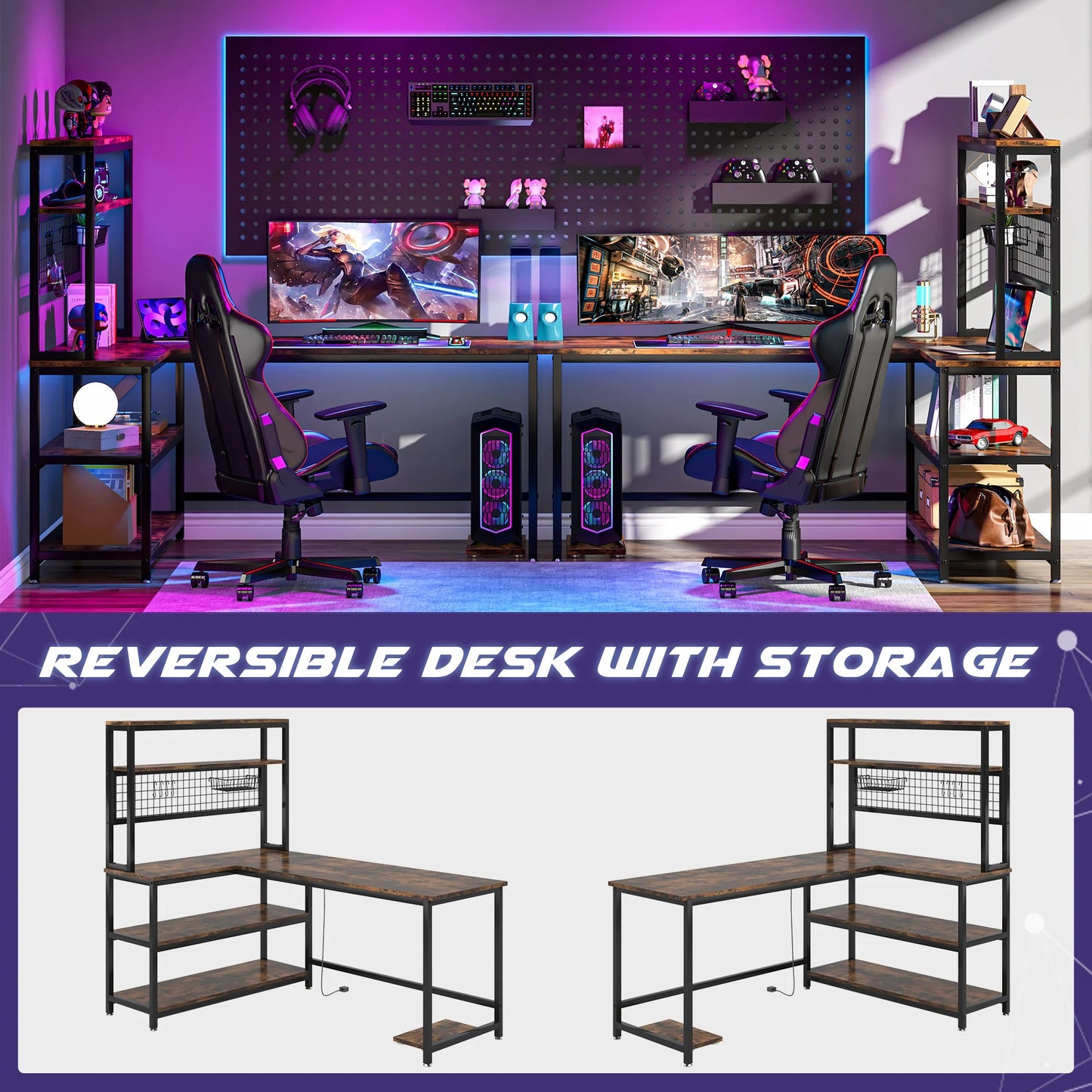 55" Reversible L-Shaped Desk with Wireless Charging & Shelves