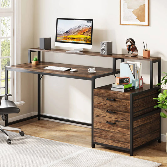 Computer Desk, 63" Home Office Desk with Drawers & Monitor Stand