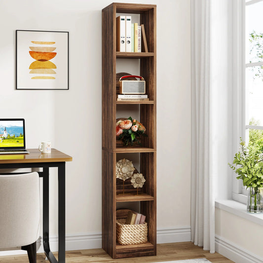 5-Tier Wood Bookcase, Tall Corner Bookshelf Narrow Display Shelf