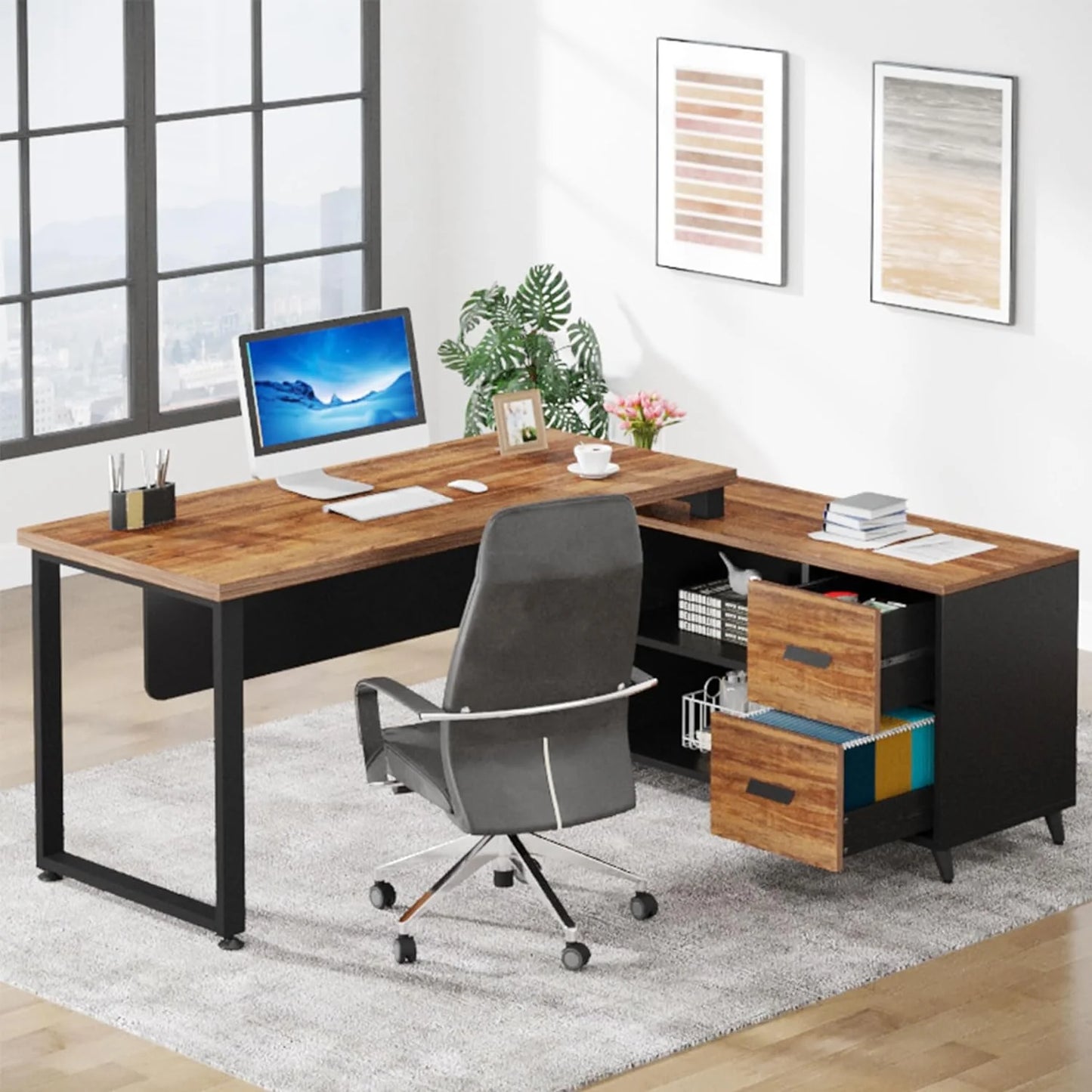 Business Office Desk Furniture L Shape Desk with Storage Cabinet Workstation with 47 inch File Cabinet Executive Office Brown Black