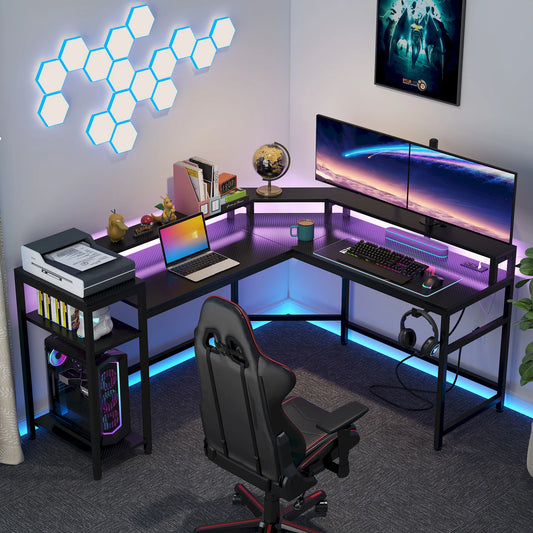 Gaming Desk, L-Shaped Computer Desk with Power Outlets & LED Strips