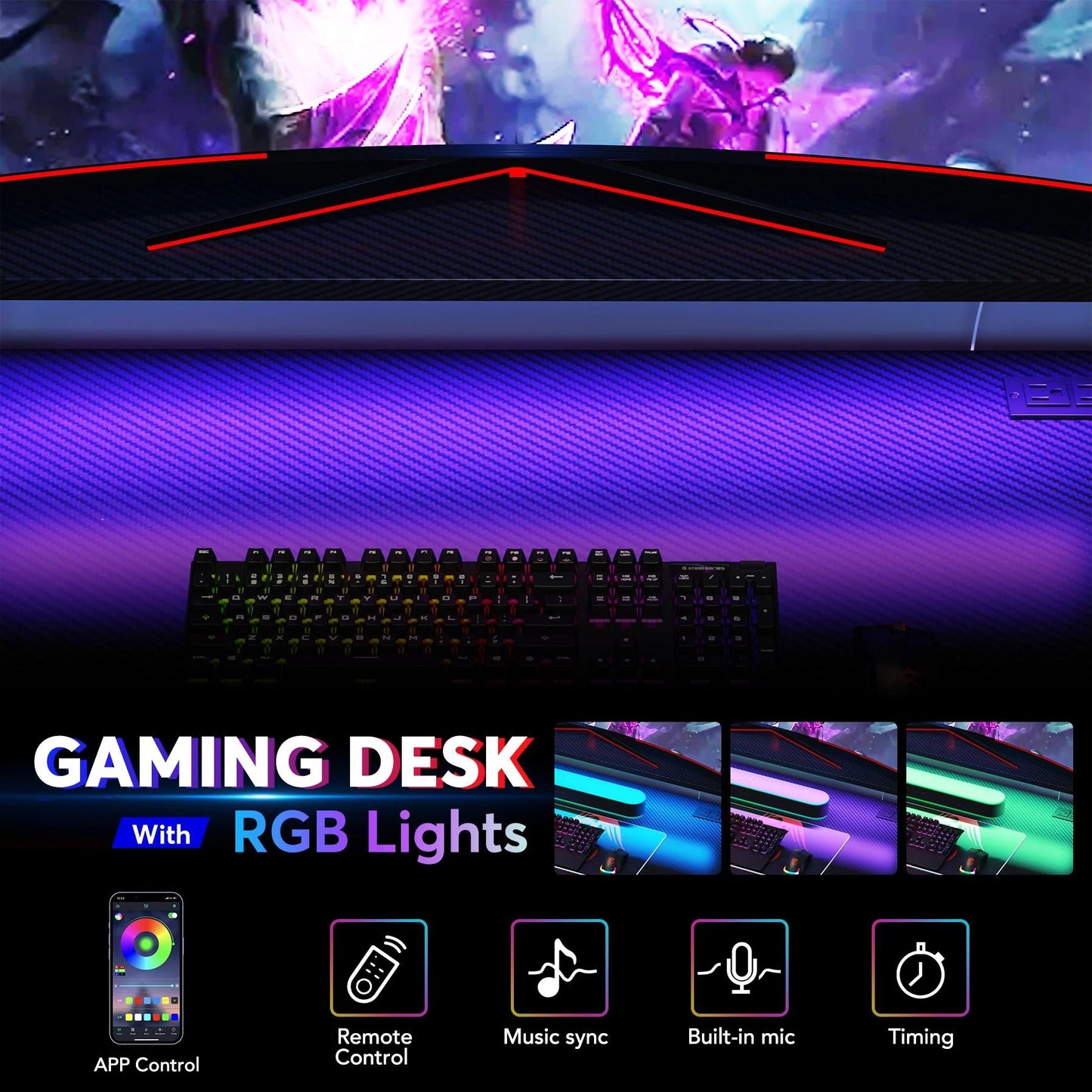 L-Shaped Gaming Desk, 55" Computer Desk with LED Strip & Shelves