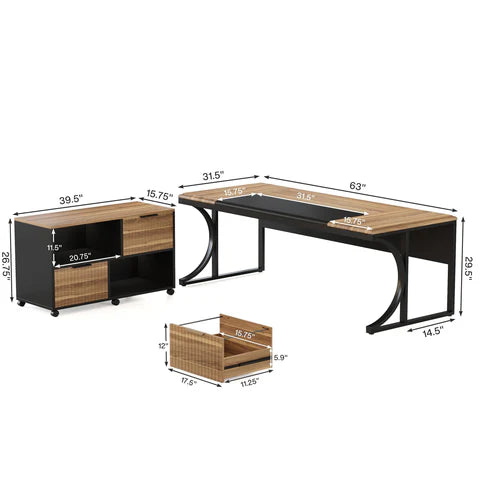 L-Shaped Executive Desk, 63" Computer Desk Writing Table with File Cabinet