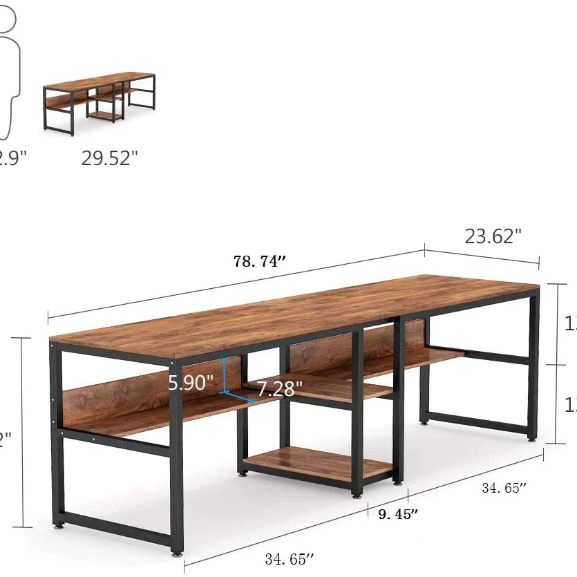 Two Person Desk, 78.7 Computer Double Desk with Bookshelf