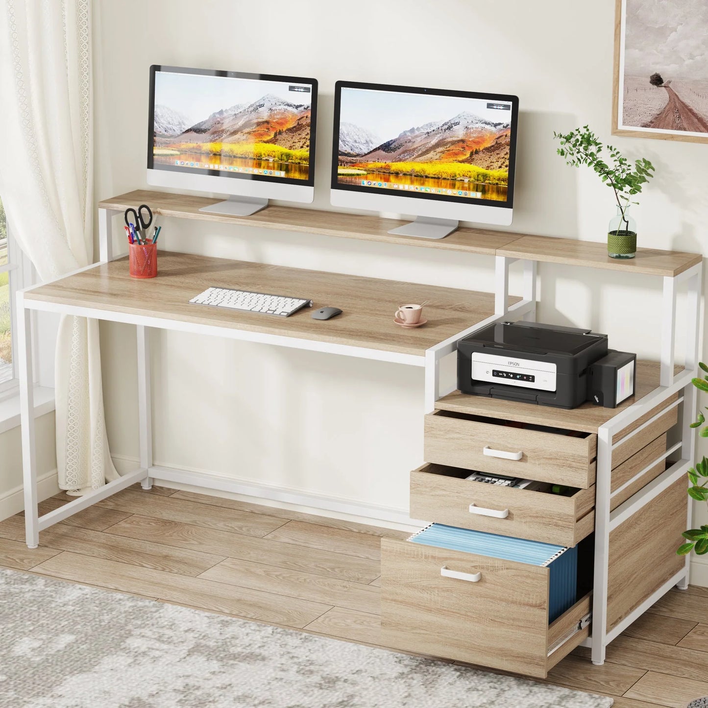 Computer Desk, 63" Home Office Desk with Drawers & Monitor Stand