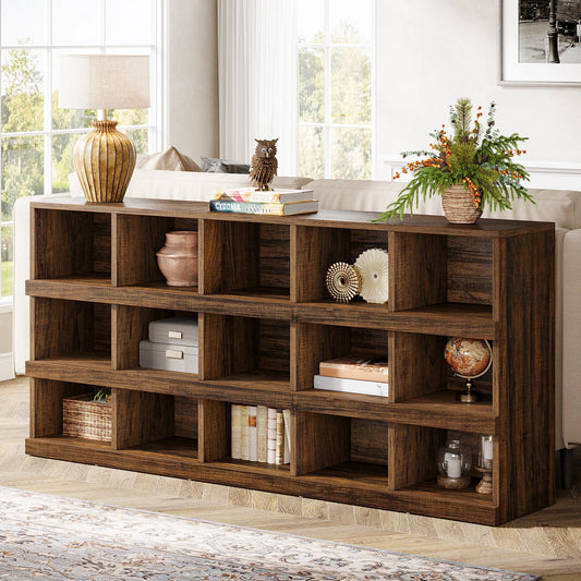 63" Console Table, Farmhouse 4-Tier Sofa Table with 15 Storage Cubes