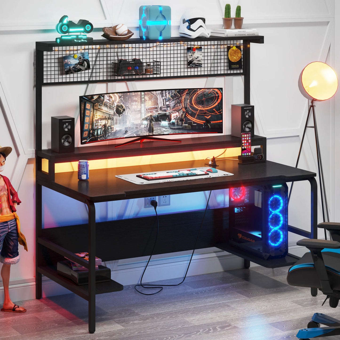 Gaming Desk with 2-Outlet & 2 USB Ports, Computer Desk with Monitor Stand