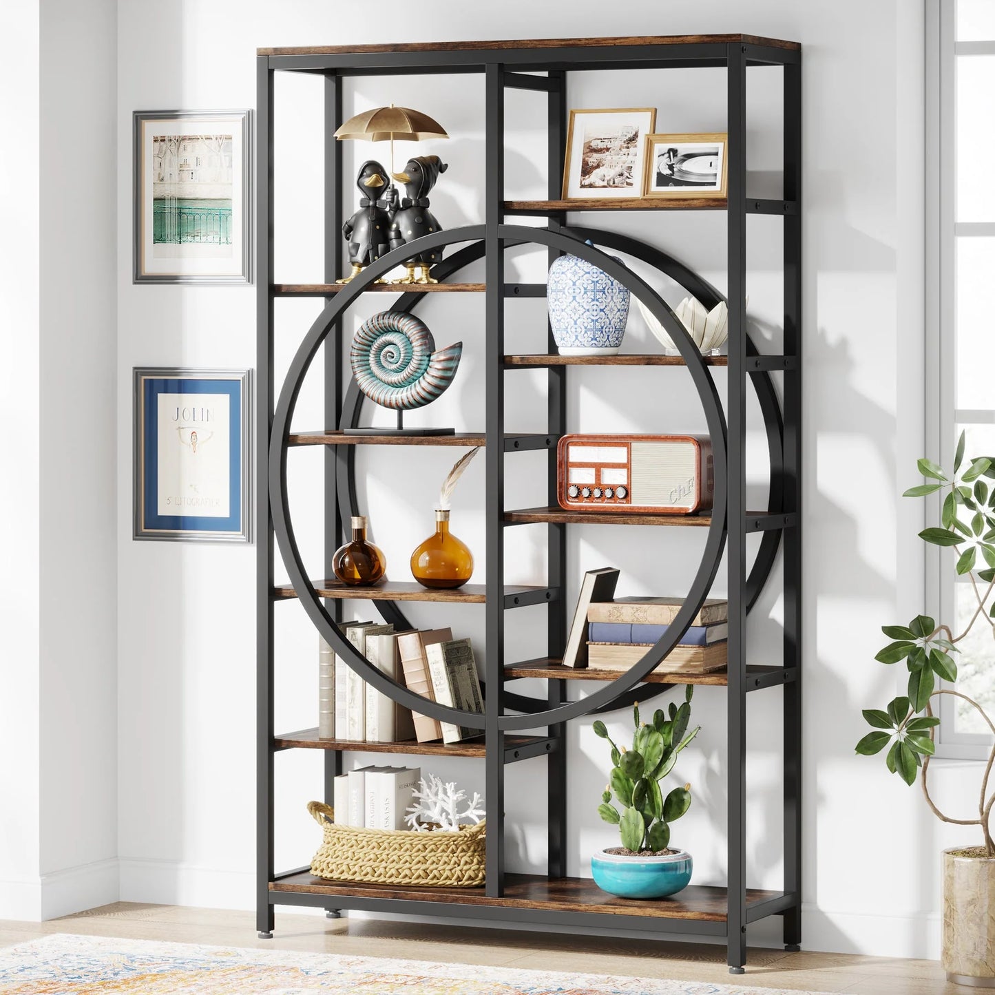 70.8" Tall Bookshelf, 10 Shelves Etagere Bookcase with Circle Design
