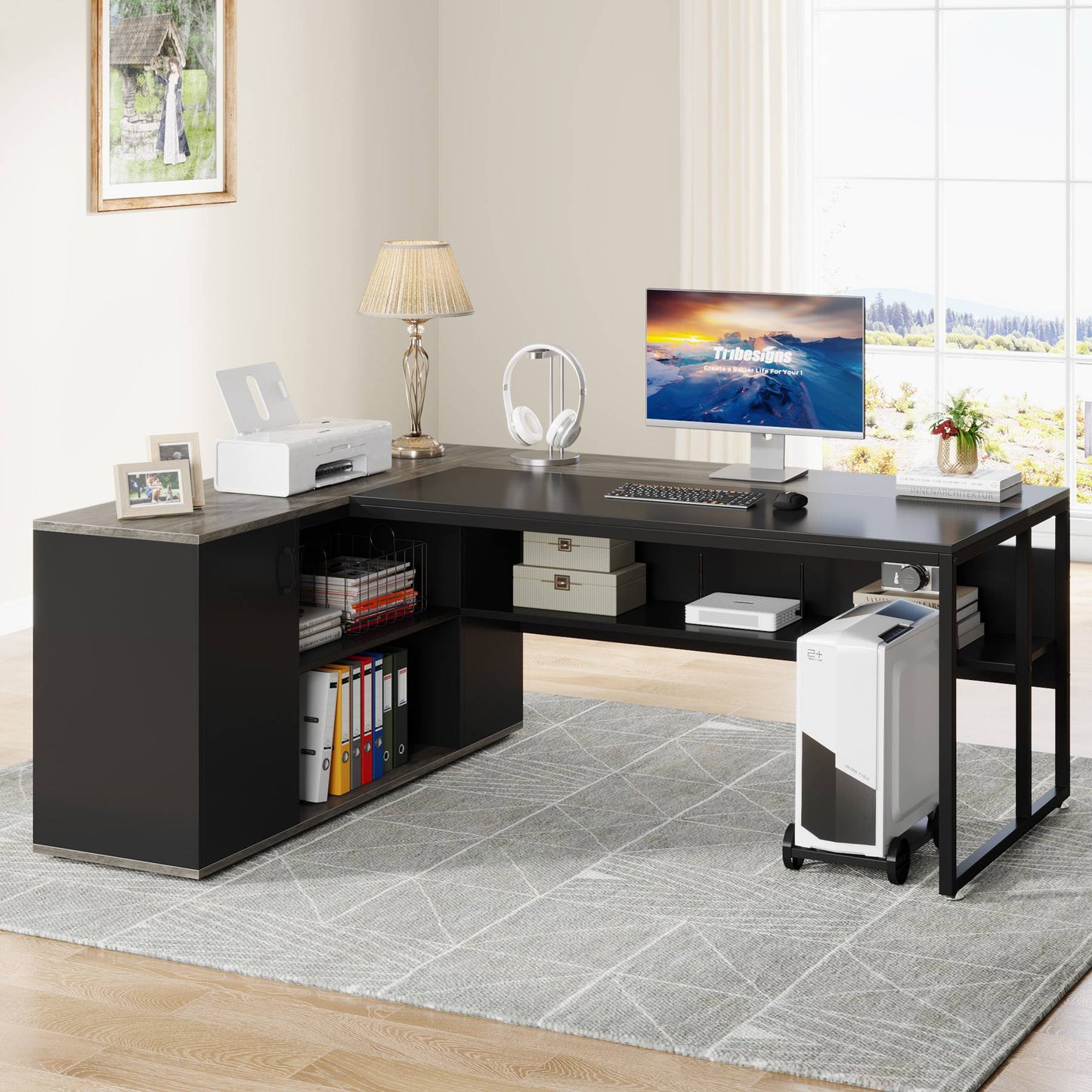 71 inch Executive Desk, L-Shaped Computer Desk with Storage Cabinet