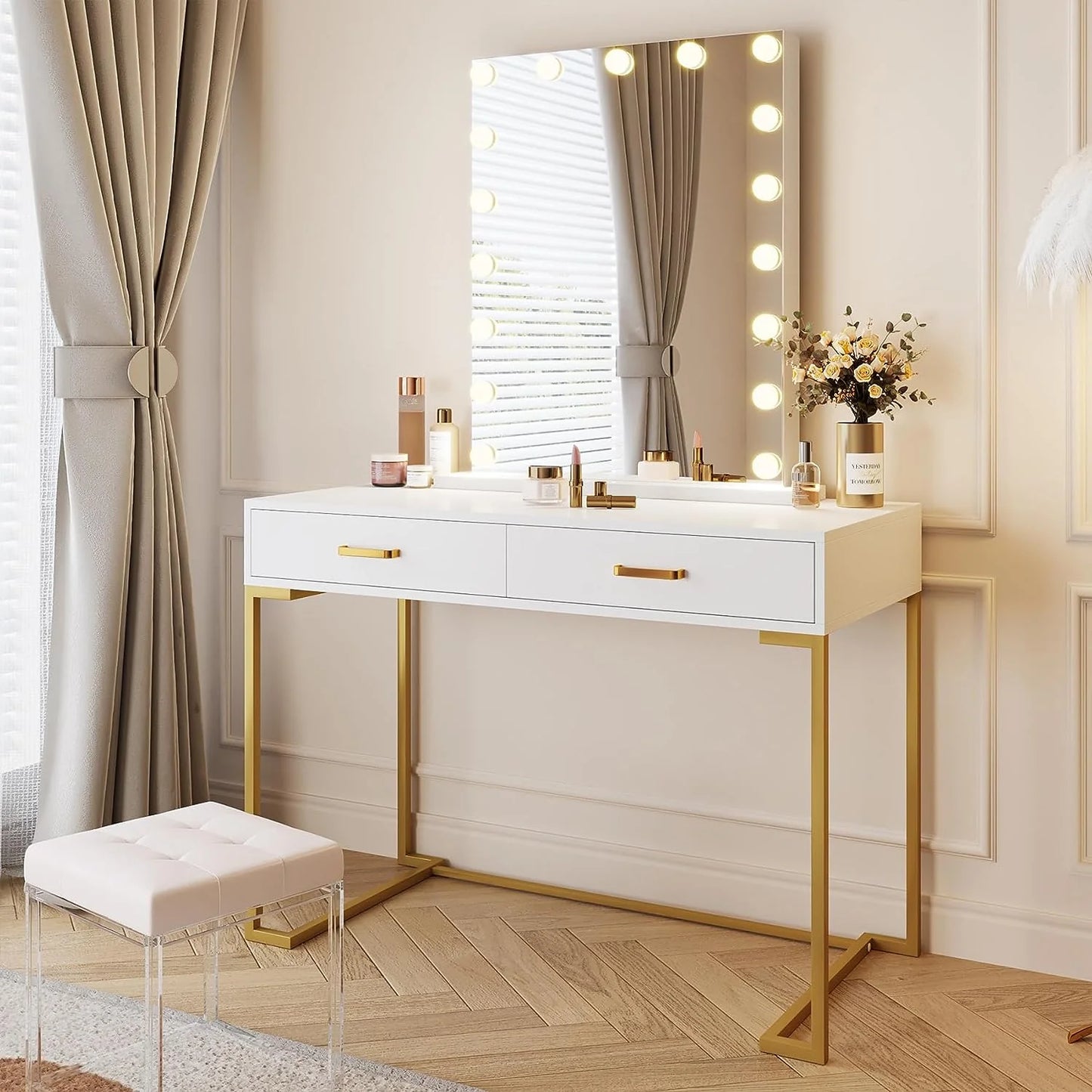 Modern Makeup Vanity with 2 Drawers, 47" Vanity Desk with 24" Mirror