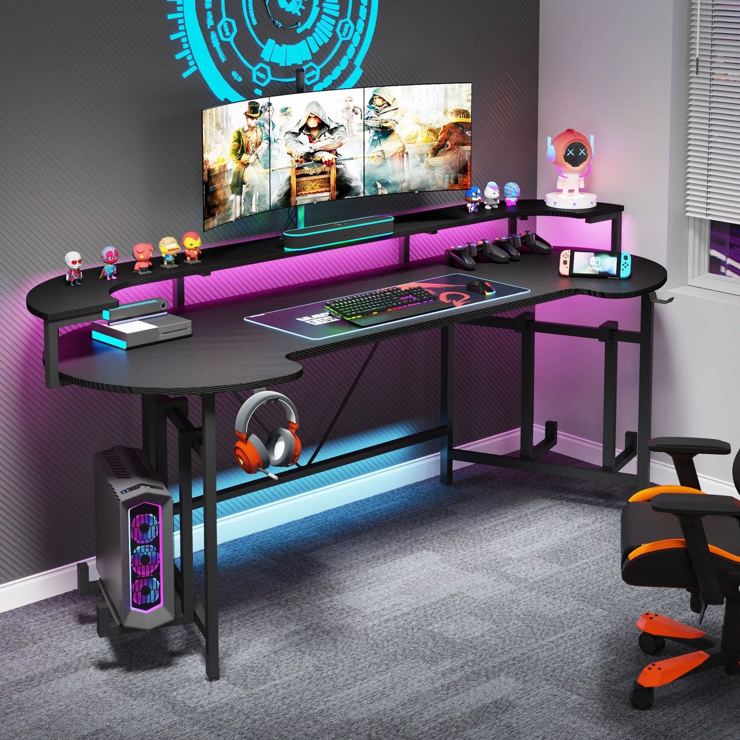 75" Gaming Desk Computer Desk with LED Strip & Monitor Shelf