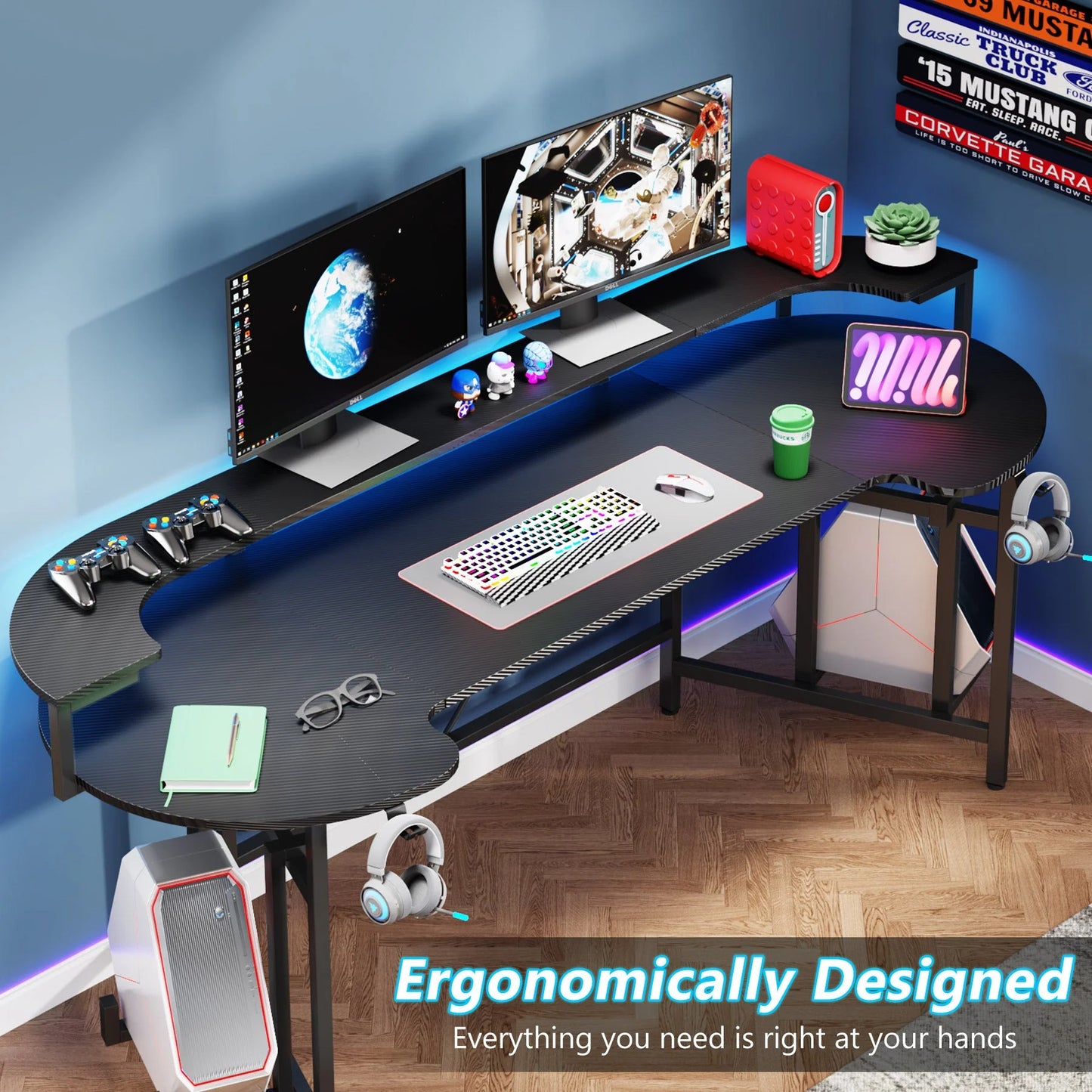 75" Gaming Desk Computer Desk with LED Strip & Monitor Shelf