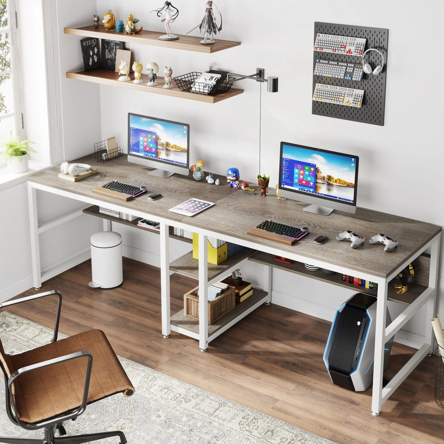 Two Person Desk, 78.7 Computer Double Desk with Bookshelf