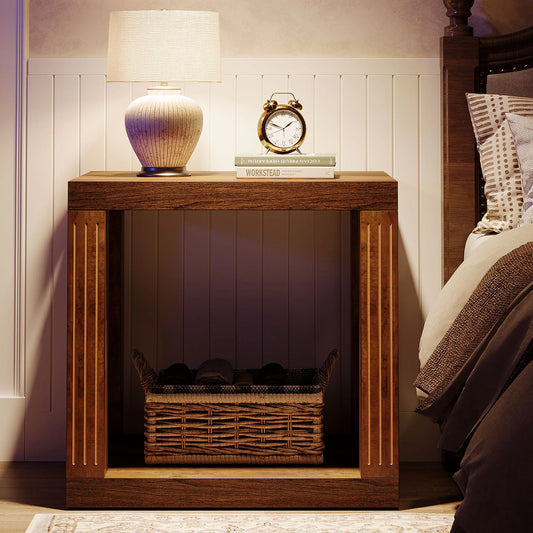 Wood End Table, 2-Tier Farmhouse Side Table with Storage Shelf