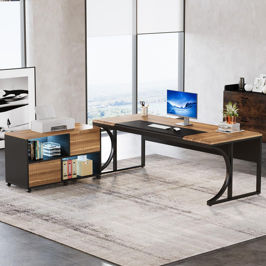 L-Shaped Executive Desk, 63" Computer Desk Writing Table with File Cabinet