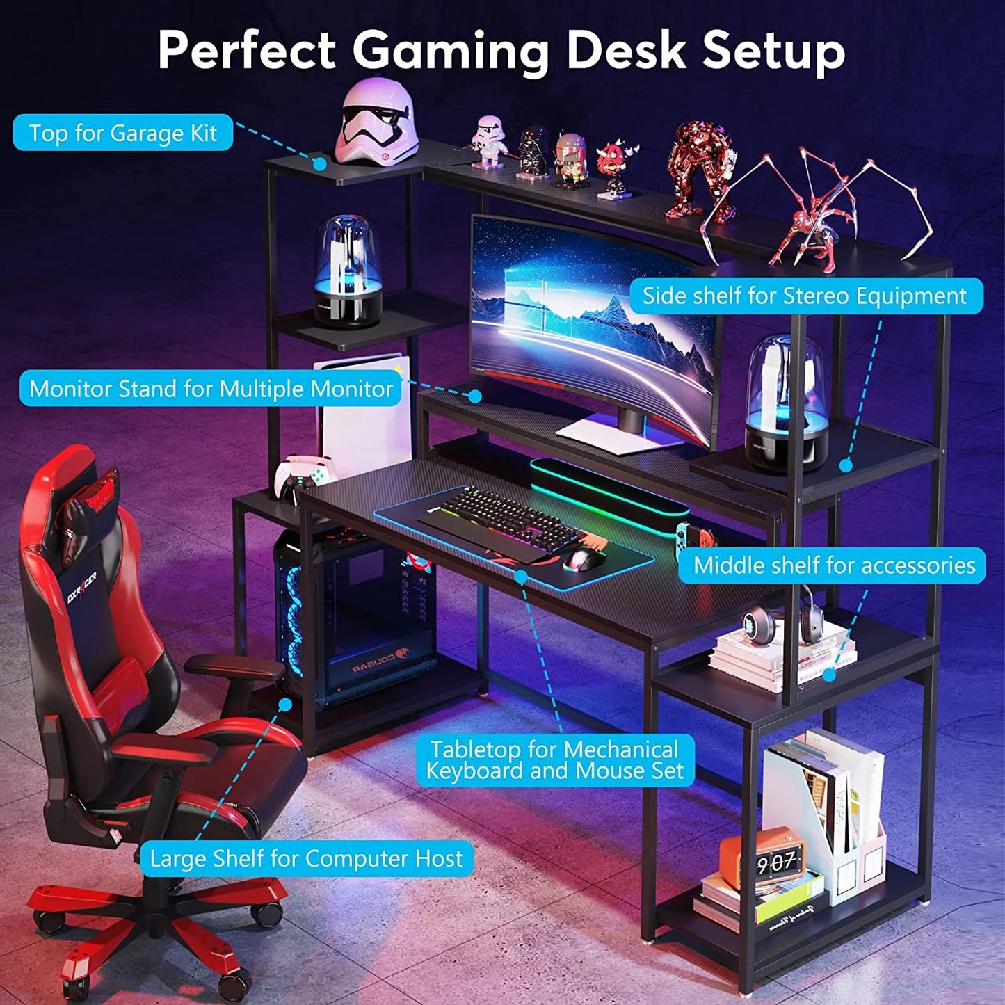 70" Gaming Desk Computer Desk with Hutch and Monitor Stand