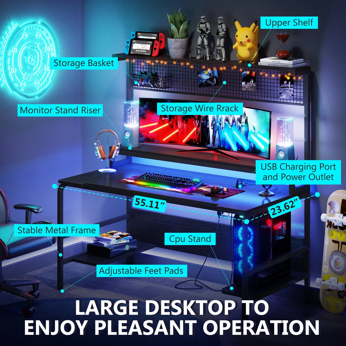 Gaming Desk with 2-Outlet & 2 USB Ports, Computer Desk with Monitor Stand