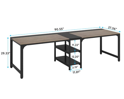 90.55" Two Person Desk, Double Computer Desk with Storage Shelves