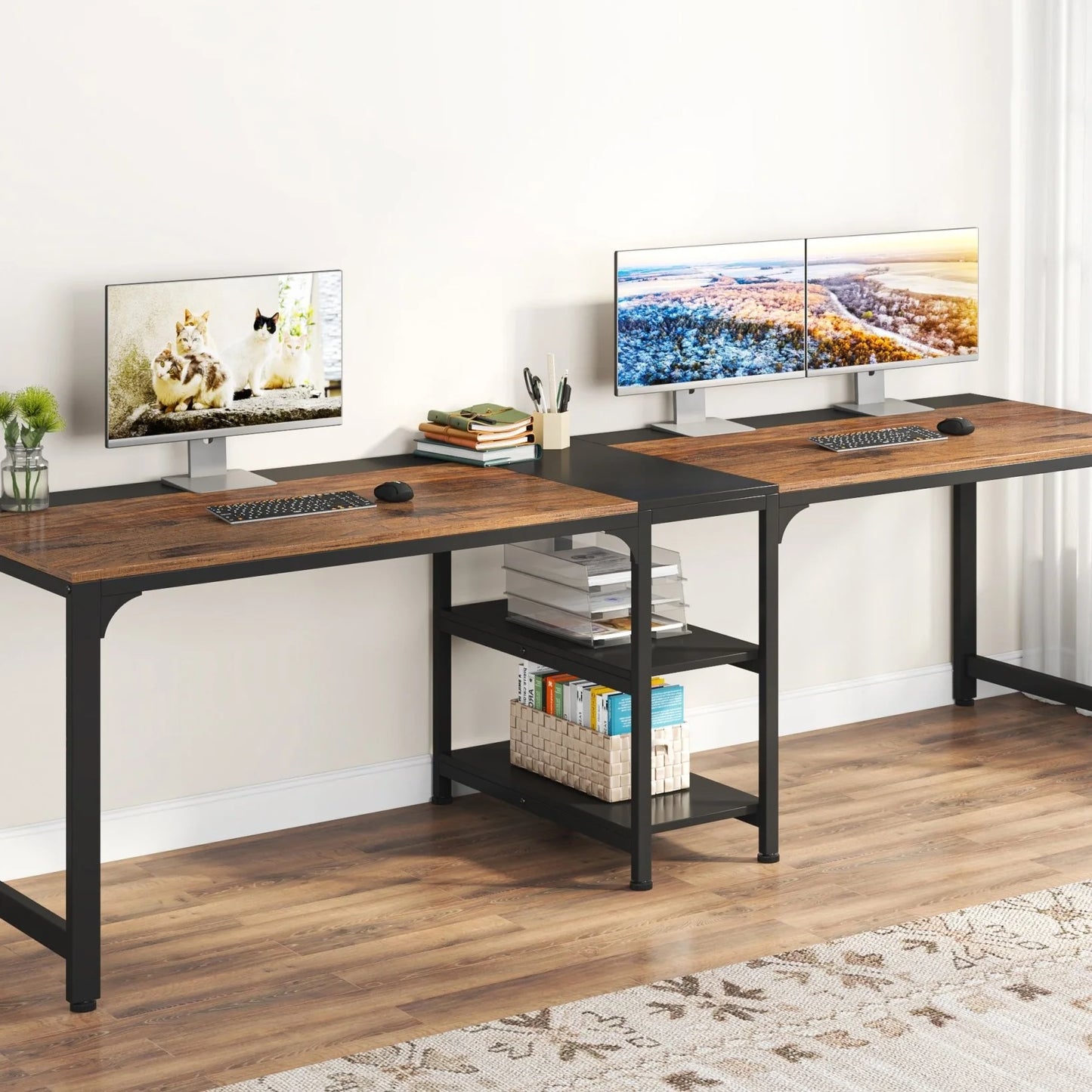 90.55" Two Person Desk, Double Computer Desk with Storage Shelves