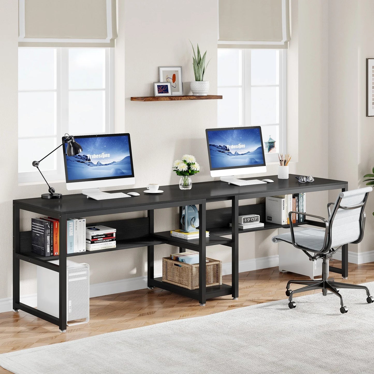 Two Person Desk, 78.7 Computer Double Desk with Bookshelf