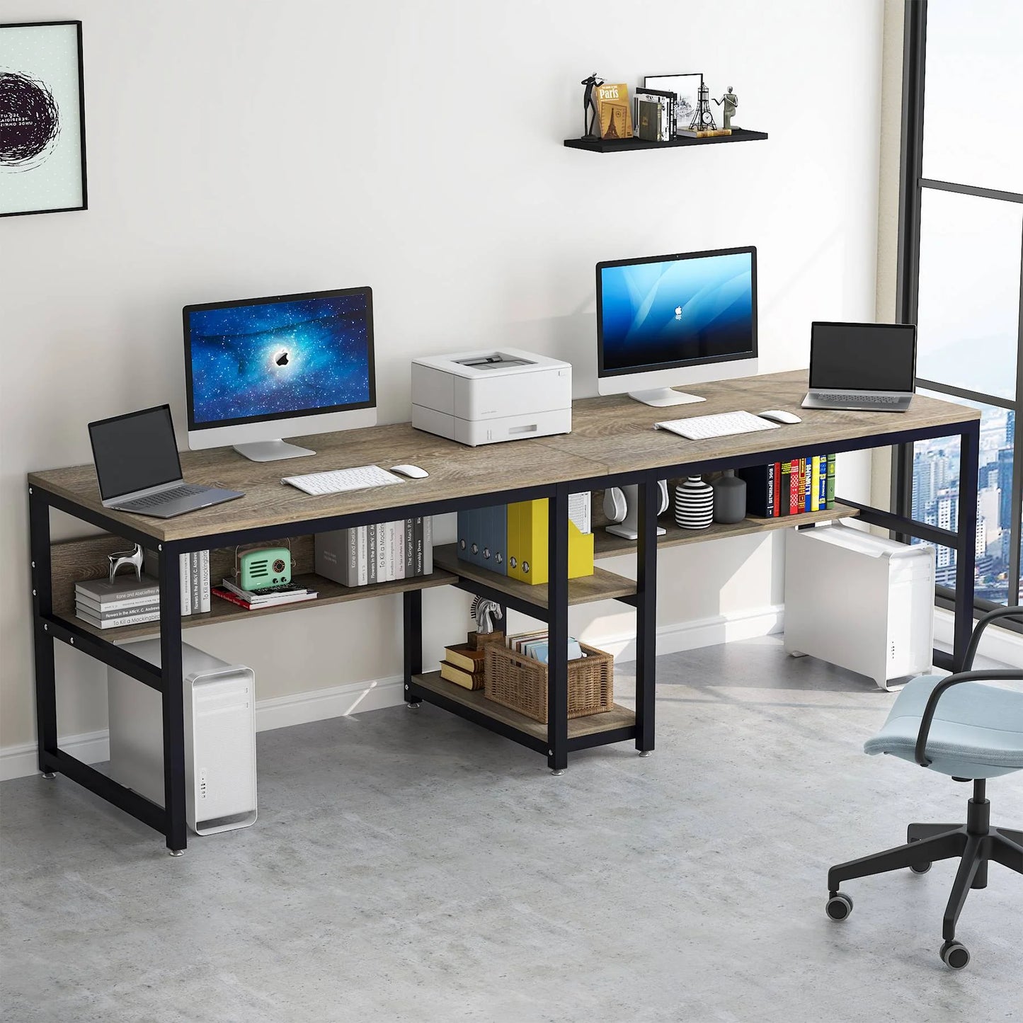 Two Person Desk, 78.7 Computer Double Desk with Bookshelf