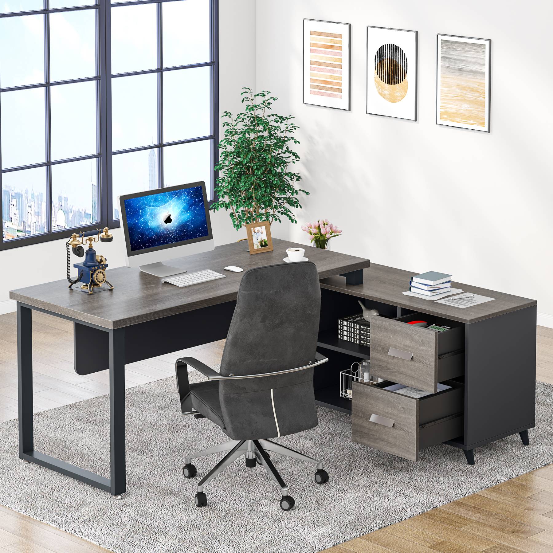 Business Office Desk Furniture L Shape Desk with Storage Cabinet Works ...