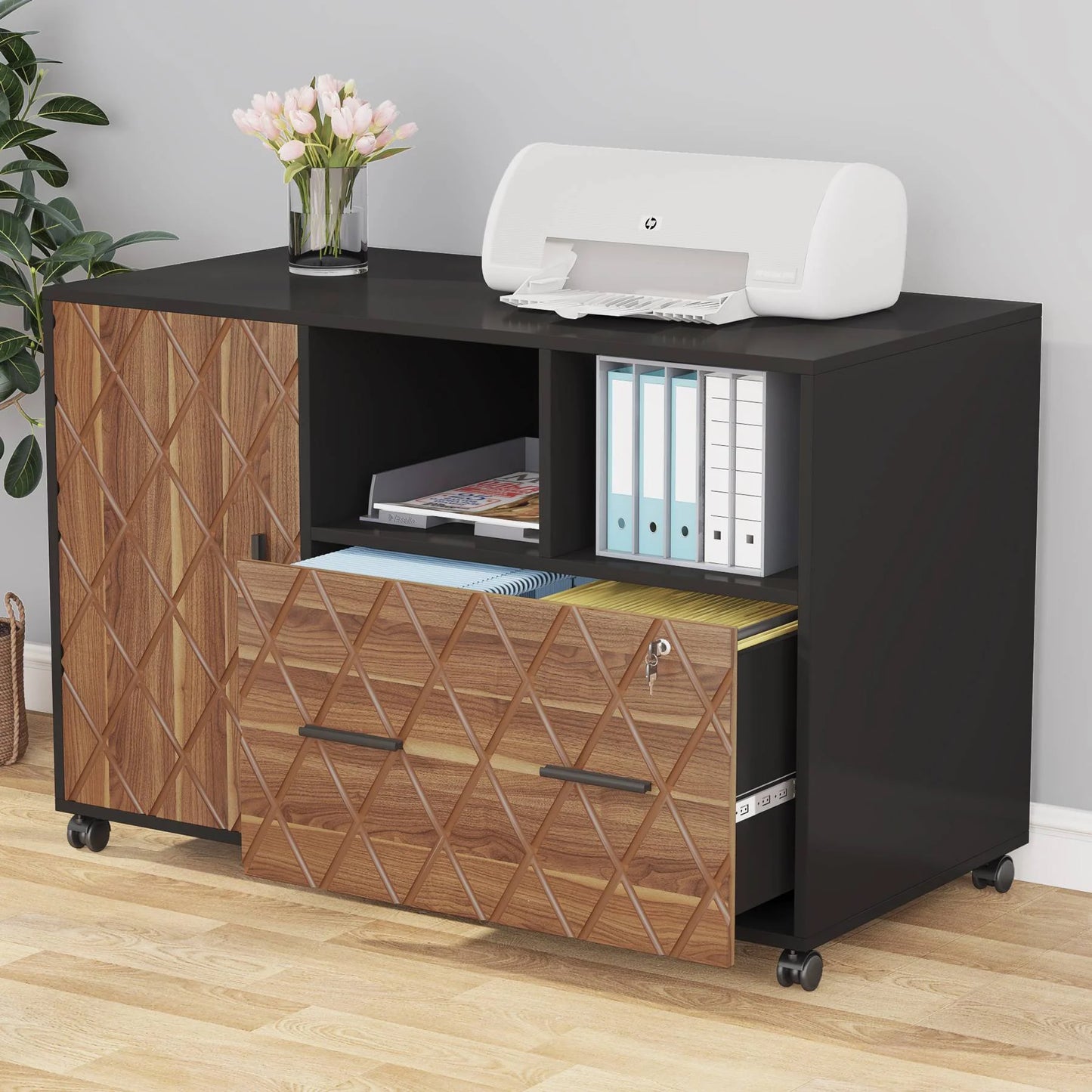 Large File Cabinet with Lock and Drawer, Modern Mobile Lateral Filing Cabinet