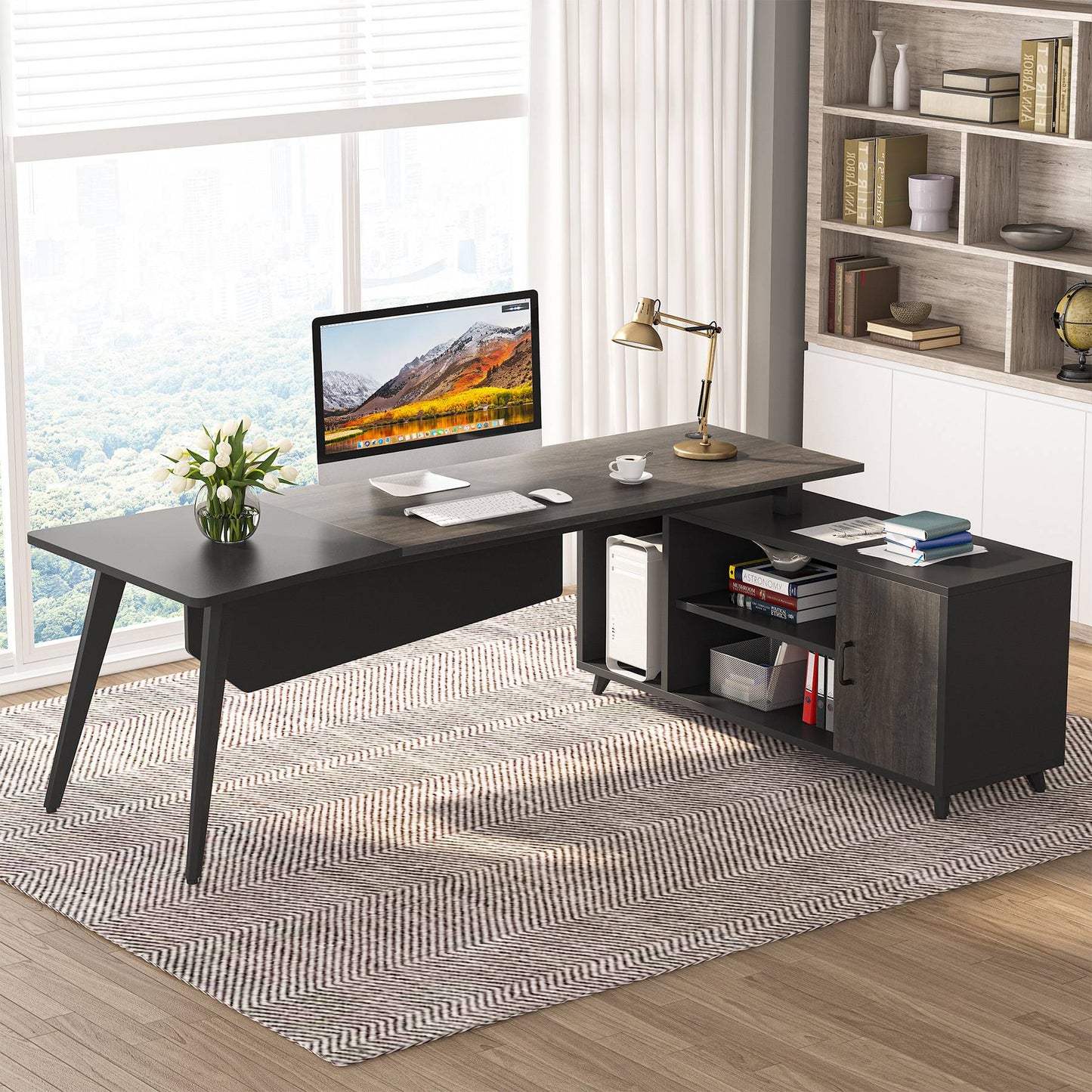 L-Shaped Desk, 78.74 Inch Executive Office Desk with File Cabinet