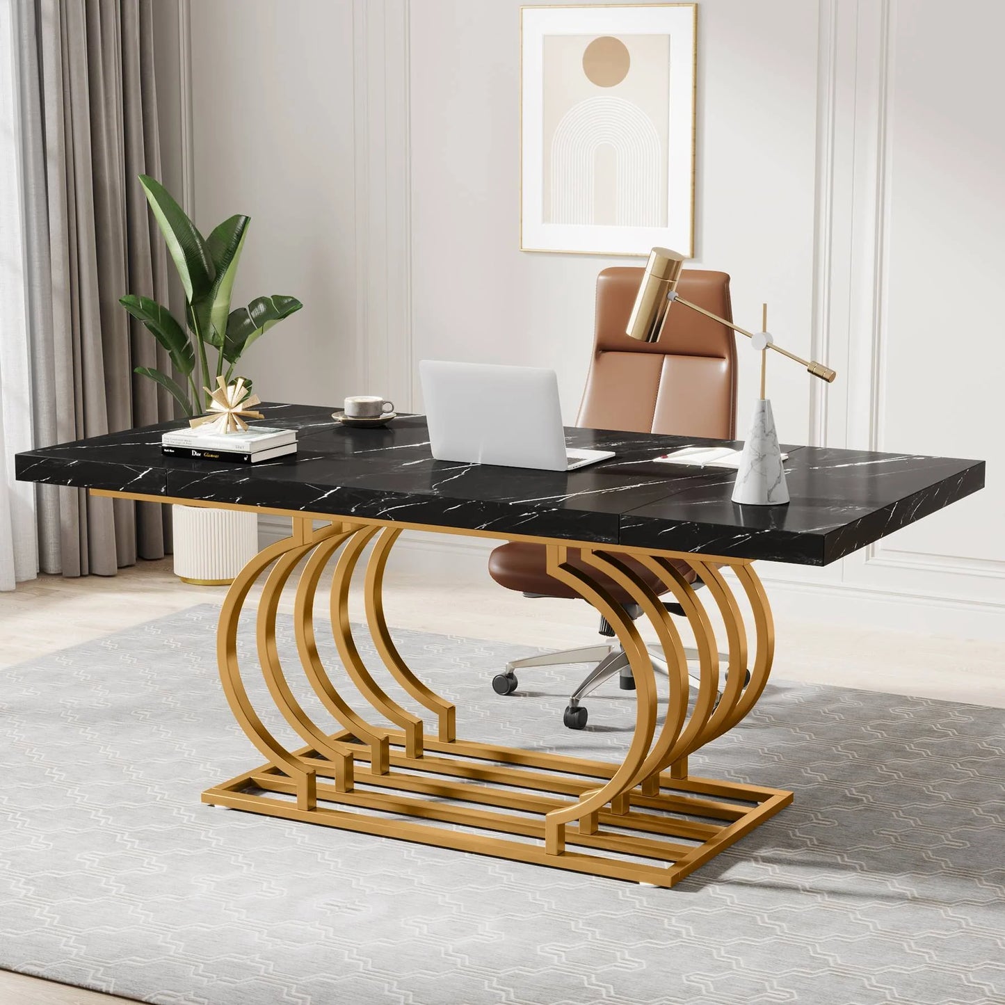 Executive Desk, 63" Modern Computer Office Desk with Faux Marble Top