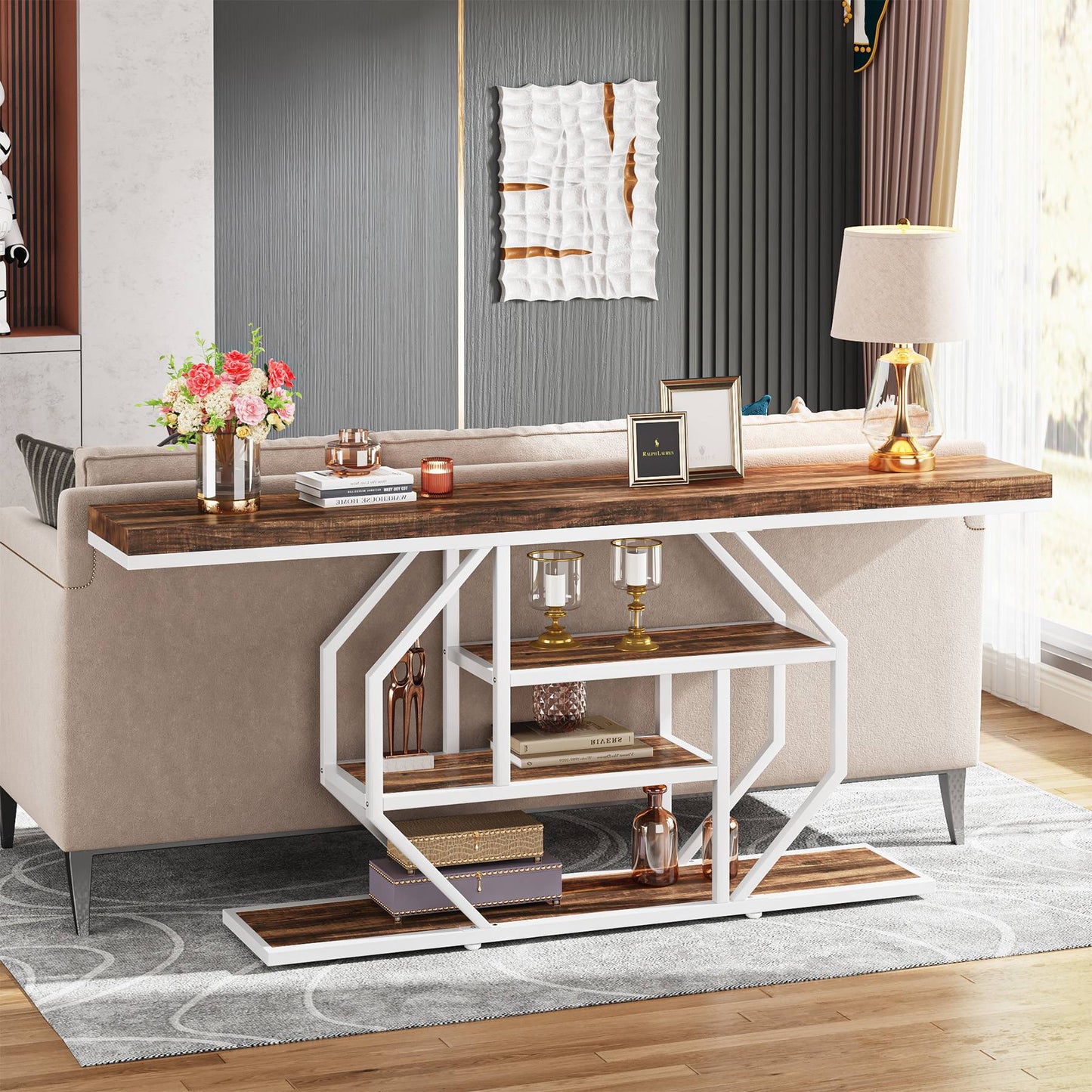 Console Table, 70.9 inch Sofa Table with 4 Tier Storage Shelves