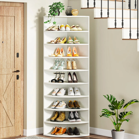 Corner Shoe Rack, 9-Tier Wooden Shoe Shelf Cabinet with Large Storage