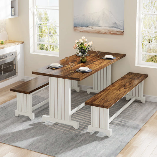 Farmhouse Dining Table Set, 47" Kitchen Table with 2 Benches