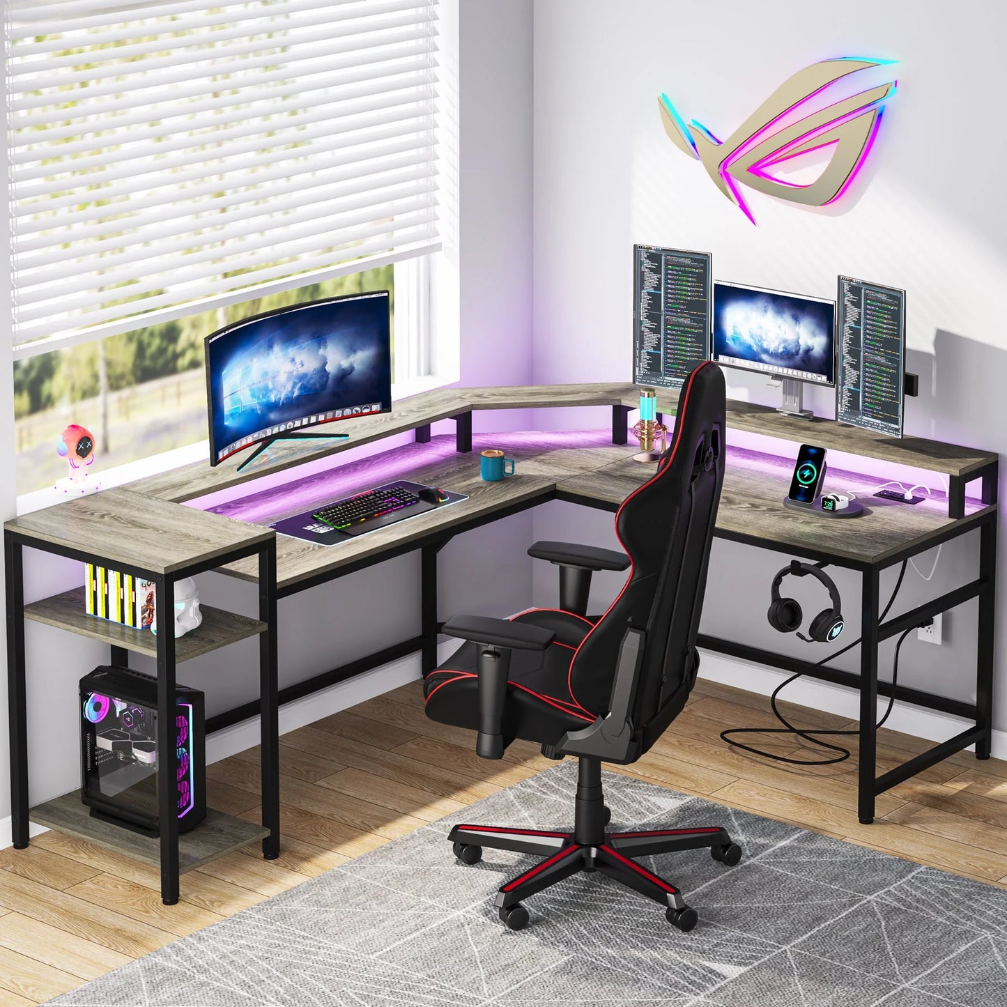 Gaming Desk, L-Shaped Computer Desk with Power Outlets & LED Strips