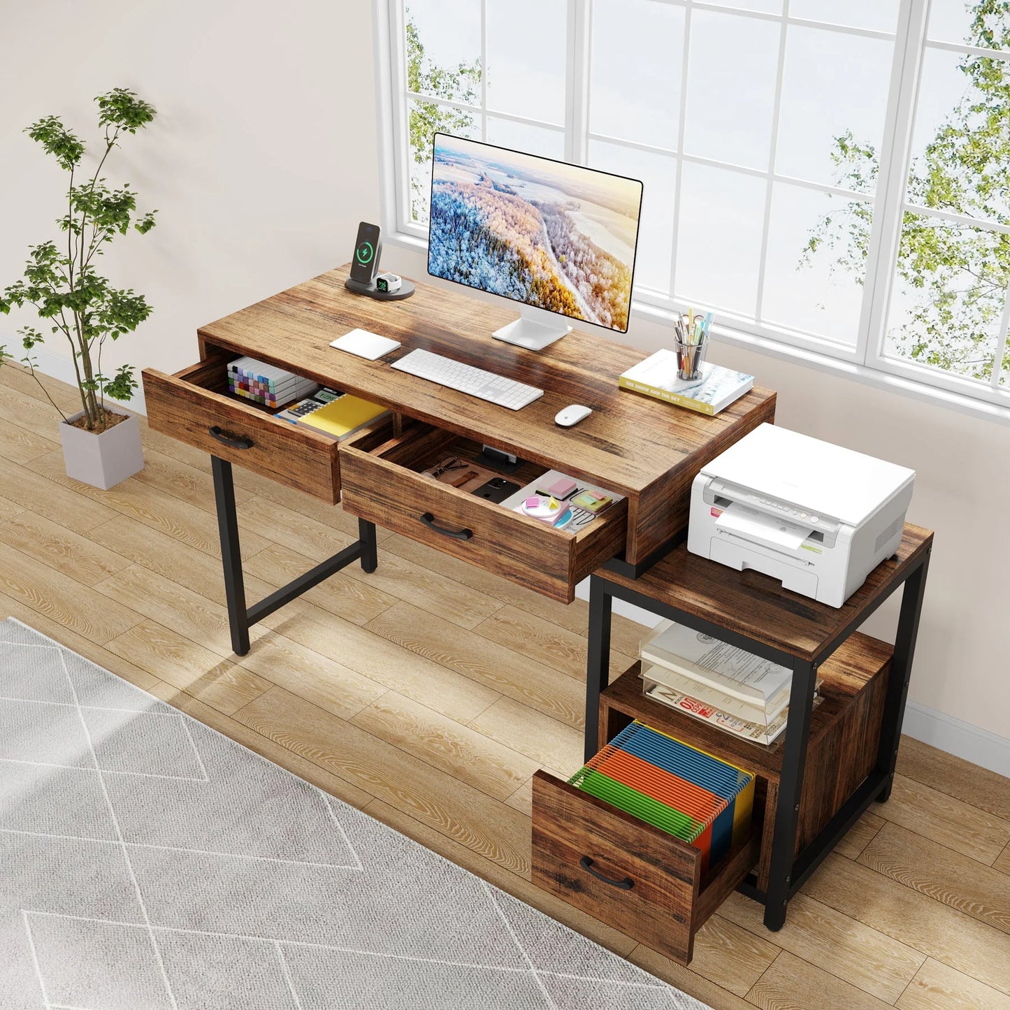 Industrial Computer Desk with 3 Drawers & Open Shelves