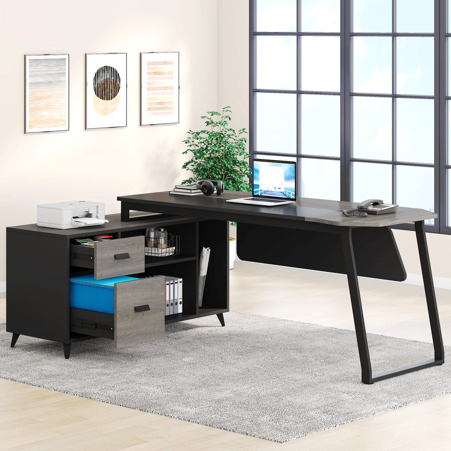 L-Shaped Desk, 70.8 Inch Executive Desk with 47.2 Inch File Cabinet