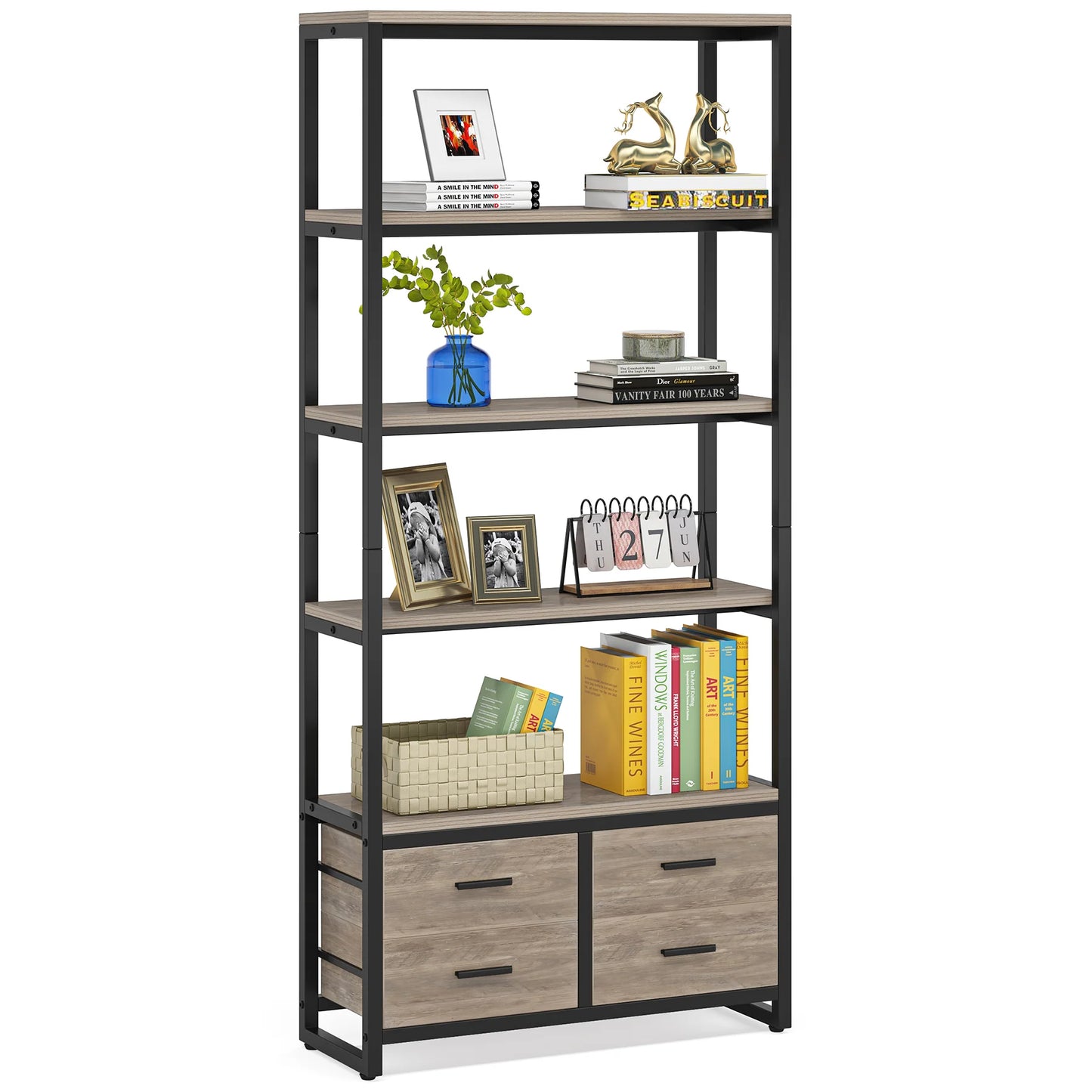 5-Tier Bookshelf, 70.9" Etagere Bookcase with 4 Drawers