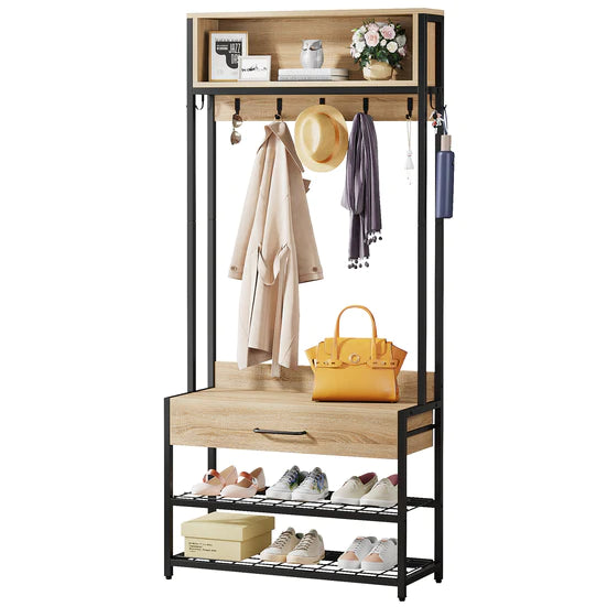 Coat Rack Shoe Bench, Entryway Hall Tree with Drawer & Hooks