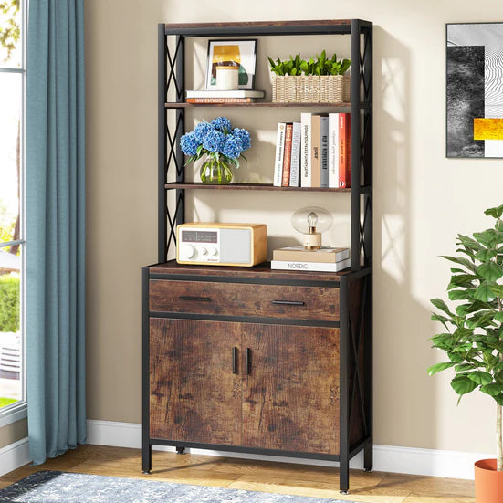 Bookshelf, 4-Tier Etagere Bookcase with Drawer & Cabinet