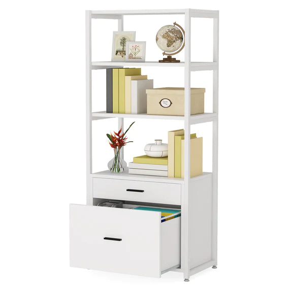 Bookcase Bookshelf, 4-Tier Modern File Cabinet with 2 Drawers, Lateral Filing Cabinet