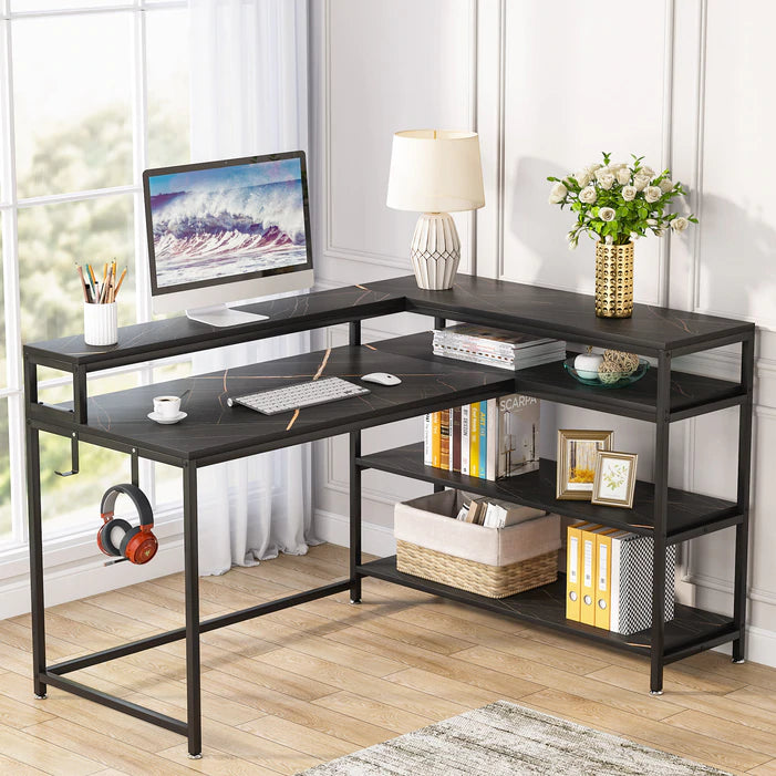 L-Shaped Desk, 53" Reversible Corner Desk with Shelves and Monitor Stand
