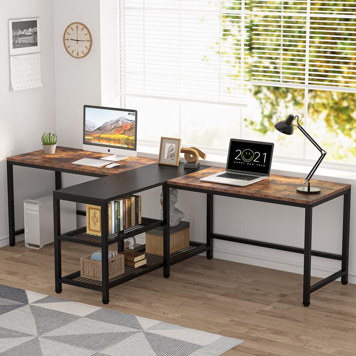 94.5 inch Double Computer Desk with Storage Shelves, Two Person Desk