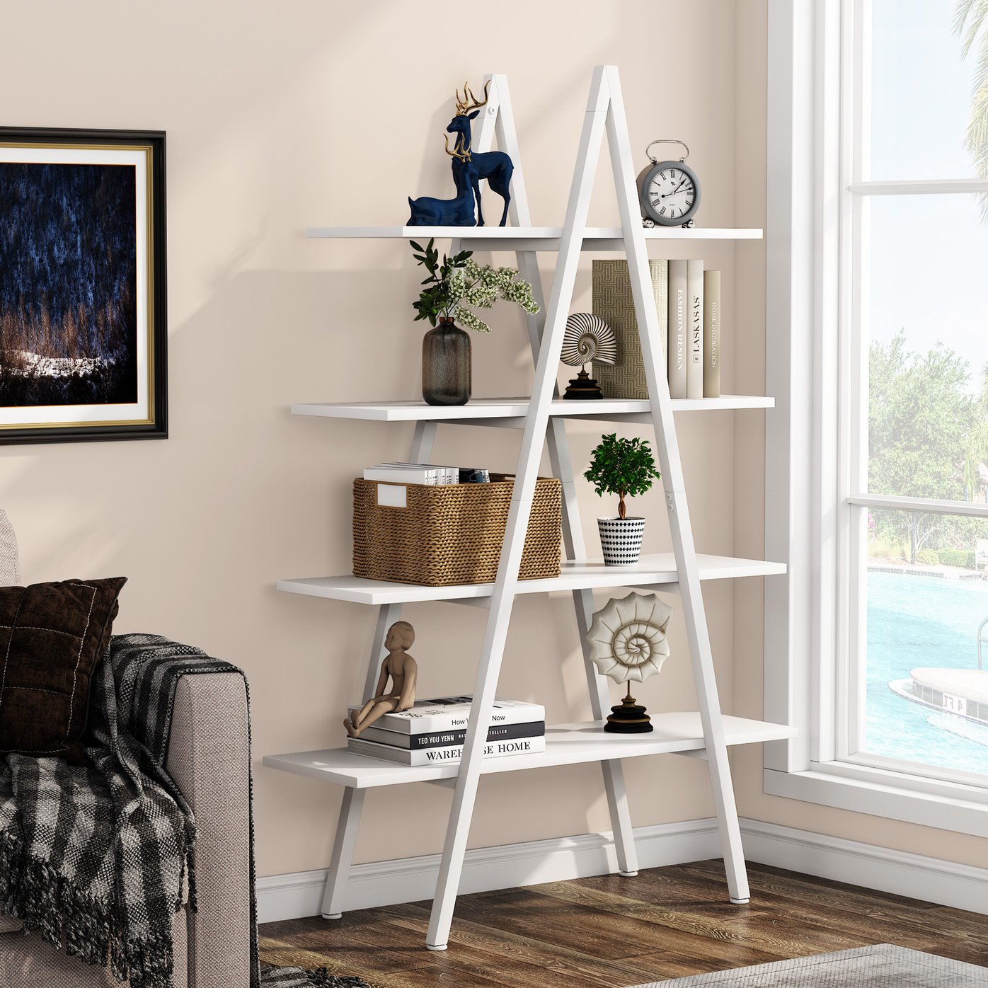 4-Tier Bookshelf, A-Shaped Bookcase 4 Shelves Industrial Ladder Shelfnd Collection